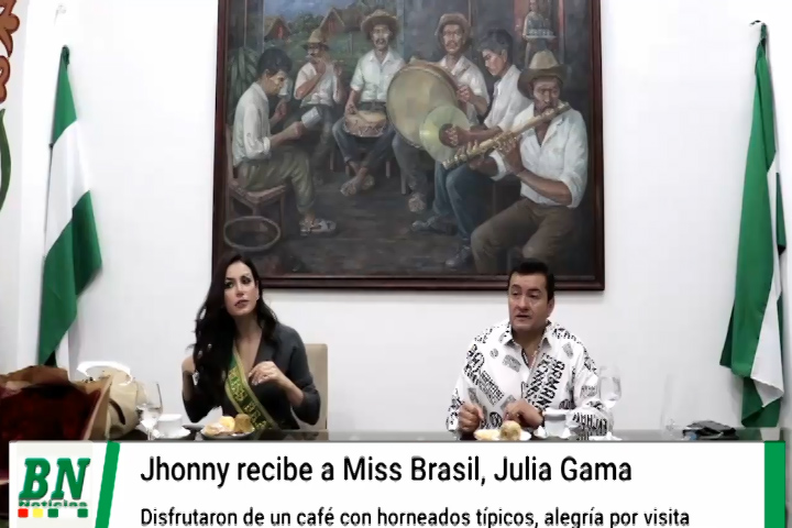 Lee más sobre el artículo Miss Brasil visita Santa Cruz y visita al Alcalde con quien comparten un café con horneados típicos