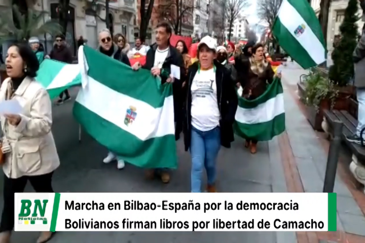 Lee más sobre el artículo Bolivianos en Bilbao-España, marcharon por la democracia y liberación de Camacho y otros, ademas de firmar los libros enviados desde Bolivia